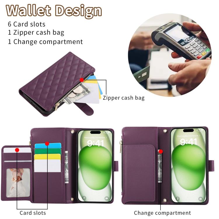 For iPhone 16 Plus Rhombic Zipper Wallet Leather Phone Case