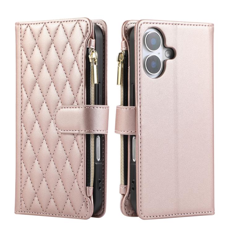 For iPhone 16 Plus Rhombic Zipper Wallet Leather Phone Case