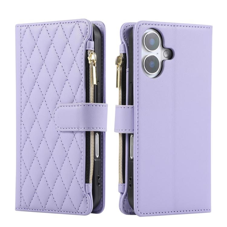 For iPhone 16 Rhombic Zipper Wallet Leather Phone Case