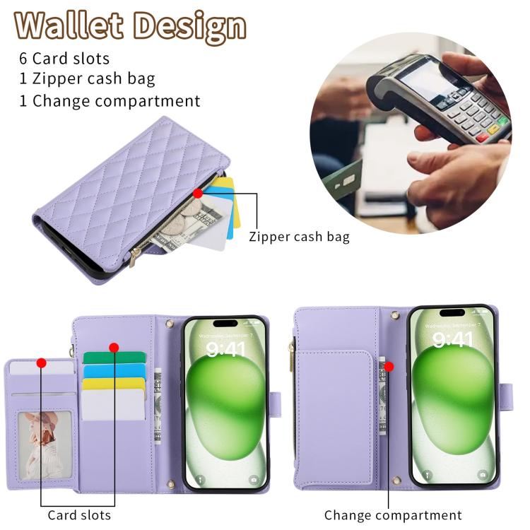 For iPhone 16 Rhombic Zipper Wallet Leather Phone Case