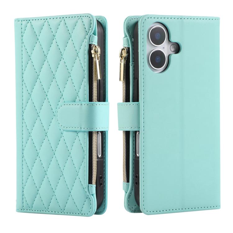 For iPhone 16 Rhombic Zipper Wallet Leather Phone Case