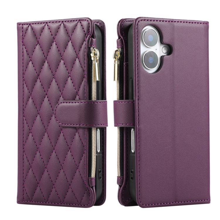 For iPhone 16 Rhombic Zipper Wallet Leather Phone Case