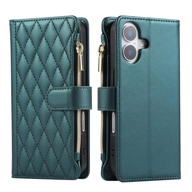 For iPhone 16 Rhombic Zipper Wallet Leather Phone Case