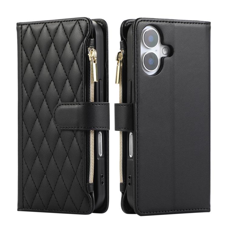 For iPhone 16 Rhombic Zipper Wallet Leather Phone Case