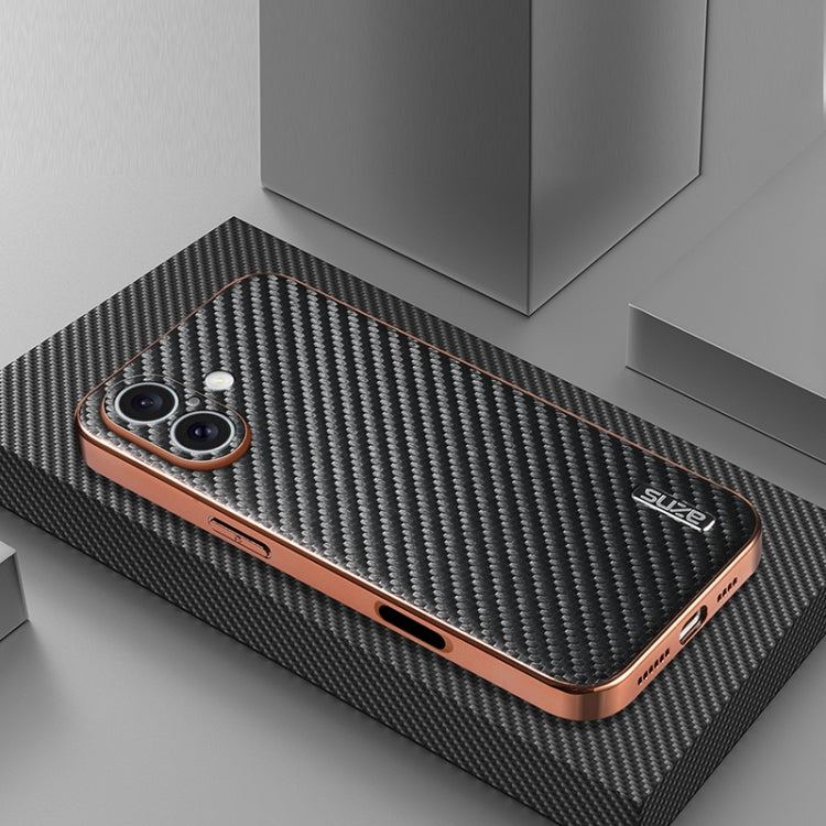 For iPhone 16 Plus AZNS Electroplated Edge Carbon Fiber Texture Phone Case