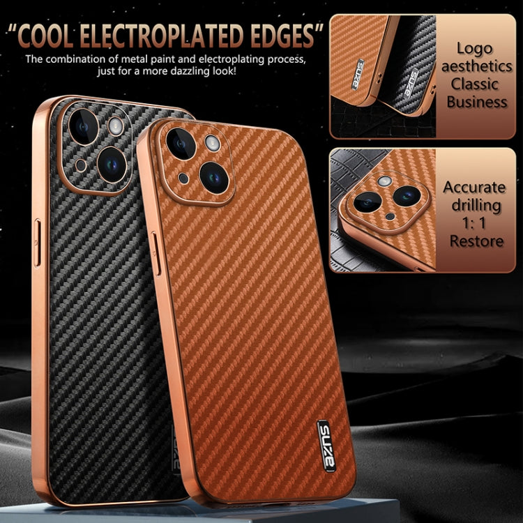 For iPhone 15 Plus AZNS Electroplated Edge Carbon Fiber Texture Phone Case