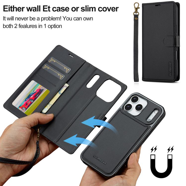 For iPhone 17 Pro LC.IMEEKE L2 Series Detachable Magsafe PU Phone Case with Lanyard