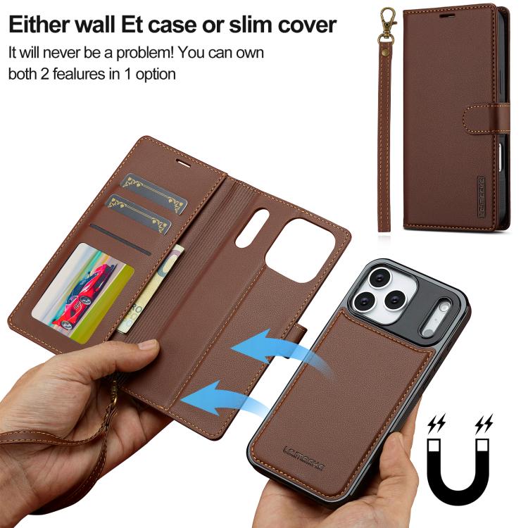 For iPhone 17 Pro LC.IMEEKE L2 Series Detachable Magsafe PU Phone Case with Lanyard