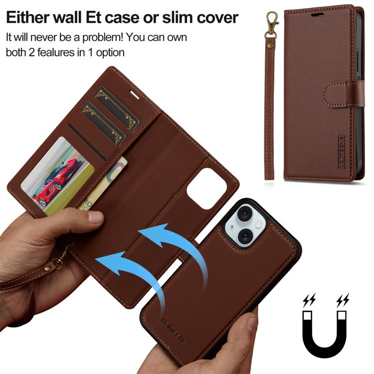 For iPhone 15 Plus LC.IMEEKE L2 Series Detachable Magsafe PU Phone Case with Lanyard