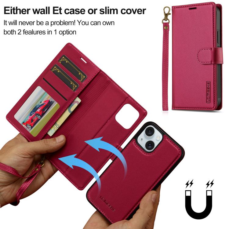 For iPhone 15 Plus LC.IMEEKE L2 Series Detachable Magsafe PU Phone Case with Lanyard