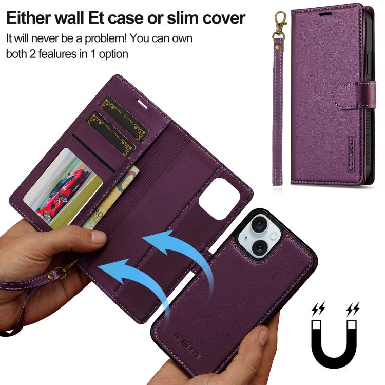 For iPhone 15 LC.IMEEKE L2 Series Detachable Magsafe PU Phone Case with Lanyard