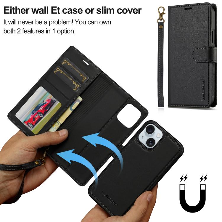 For iPhone 14 Plus LC.IMEEKE L2 Series Detachable Magsafe PU Phone Case with Lanyard
