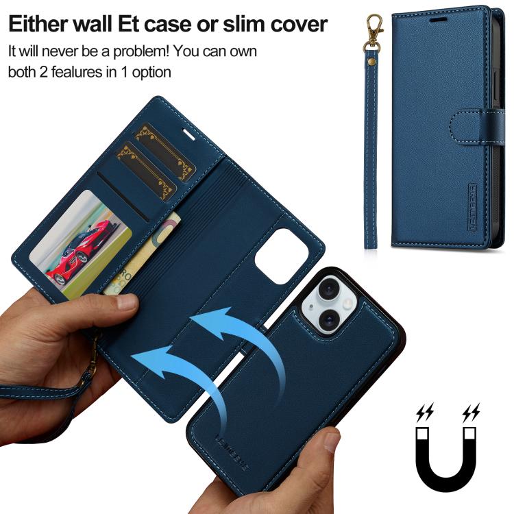 For iPhone 14 Plus LC.IMEEKE L2 Series Detachable Magsafe PU Phone Case with Lanyard