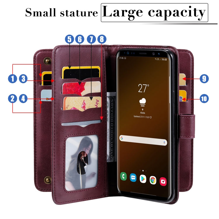 For Samsung Galaxy S9+ Multifunctional Magnetic Copper Buckle Horizontal Flip Solid Color Leather Case with 10 Card Slots & Wallet & Holder & Photo Frame