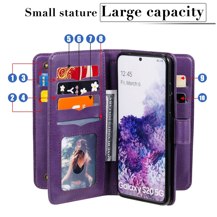 For Samsung Galaxy S20 5G Multifunctional Magnetic Copper Buckle Horizontal Flip Solid Color Leather Case with 10 Card Slots & Wallet & Holder & Photo Frame
