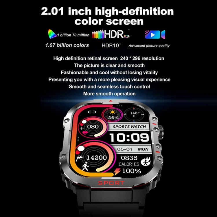 G45 2.01 inch Screen Silicone Strap 10m Waterproof Smart Watch, Support Flashlight / Bluetooth Call / HRV - Black