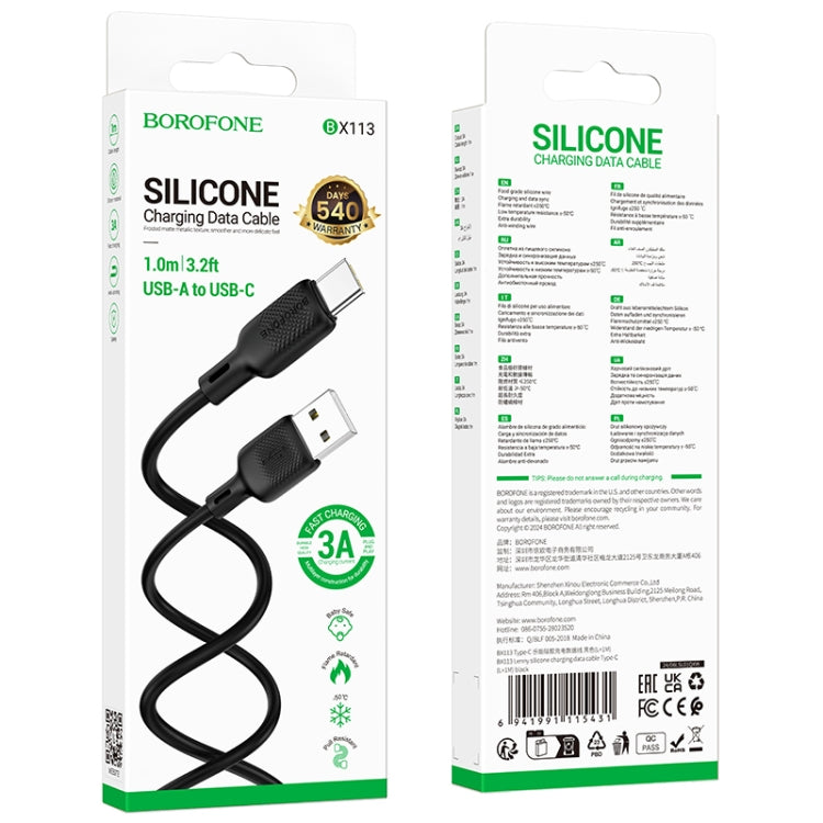 BOROFONE BX113 3A USB to USB-C / Type-C Silicone Charging Data Cable, Length:1m