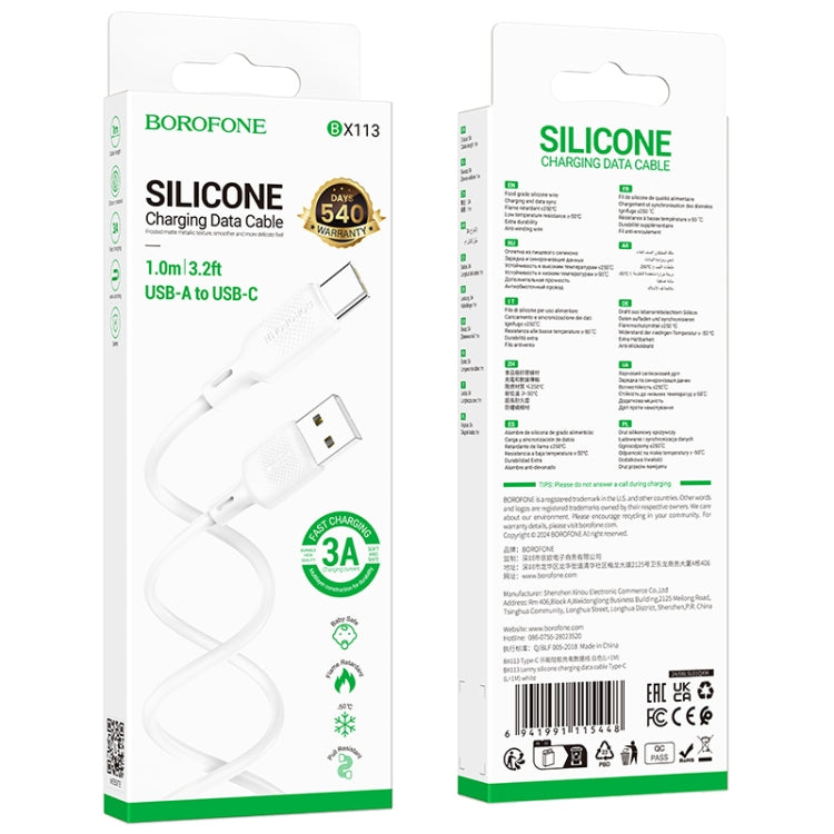 BOROFONE BX113 3A USB to USB-C / Type-C Silicone Charging Data Cable, Length:1m