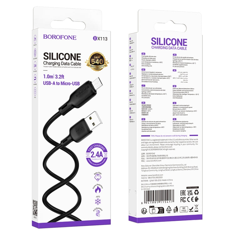 BOROFONE BX113 2.4A USB to Micro USB Silicone Charging Data Cable, Length:1m