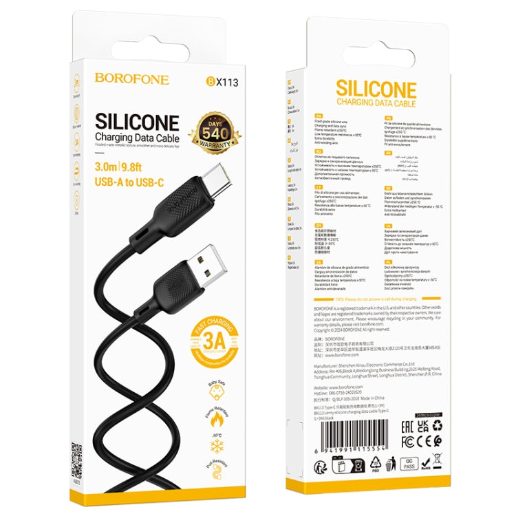 BOROFONE BX113 3A USB to USB-C / Type-C Silicone Charging Data Cable, Length:3m - Black