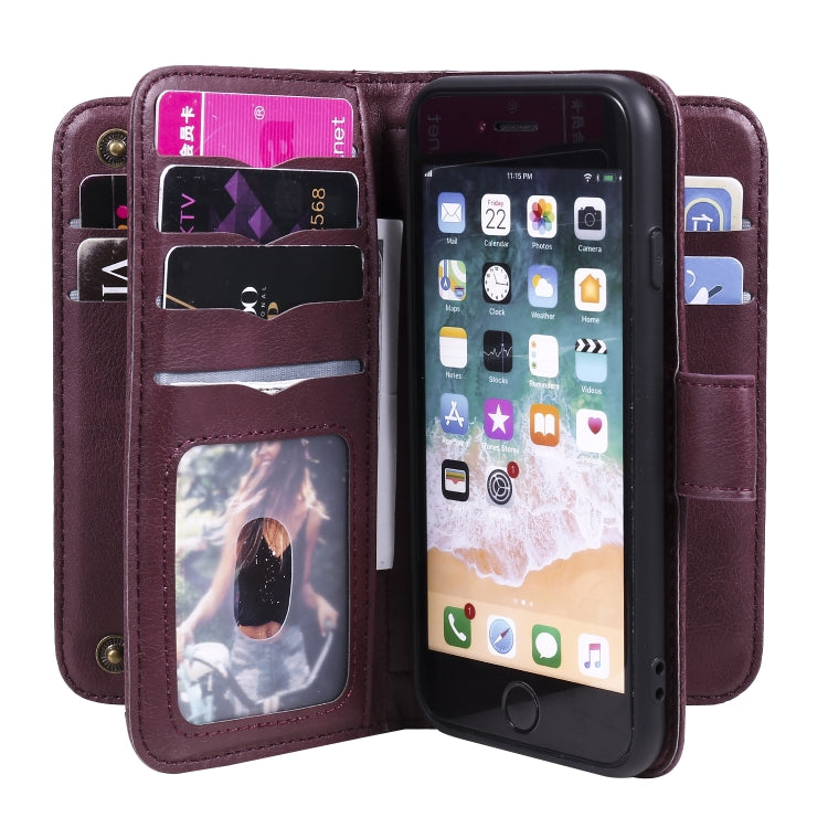 For iPhone 8 & 7 Multifunctional Magnetic Copper Buckle Horizontal Flip Solid Color Leather Case with 10 Card Slots & Wallet & Holder & Photo Frame