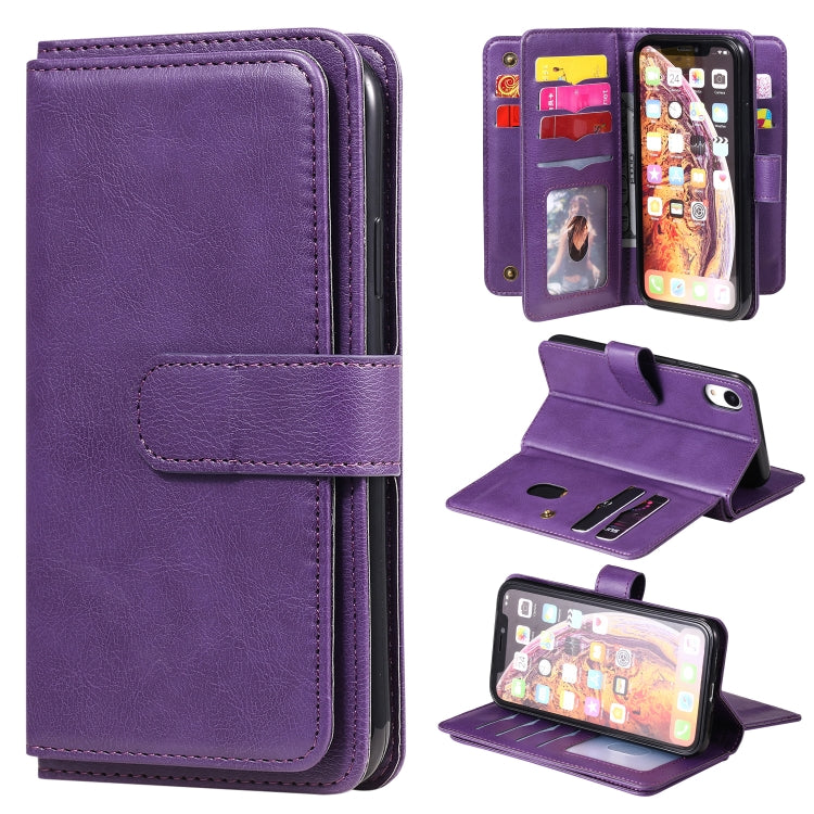 For iPhone XR Multifunctional Magnetic Copper Buckle Horizontal Flip Solid Color Leather Case with 10 Card Slots & Wallet & Holder & Photo Frame