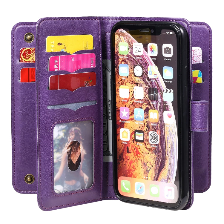 For iPhone XR Multifunctional Magnetic Copper Buckle Horizontal Flip Solid Color Leather Case with 10 Card Slots & Wallet & Holder & Photo Frame