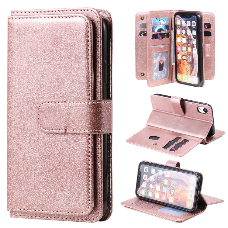 For iPhone XR Multifunctional Magnetic Copper Buckle Horizontal Flip Solid Color Leather Case with 10 Card Slots & Wallet & Holder & Photo Frame