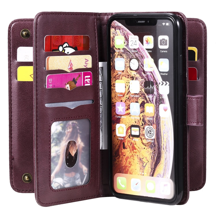 For iPhone XS Max Multifunctional Magnetic Copper Buckle Horizontal Flip Solid Color Leather Case with 10 Card Slots & Wallet & Holder & Photo Frame