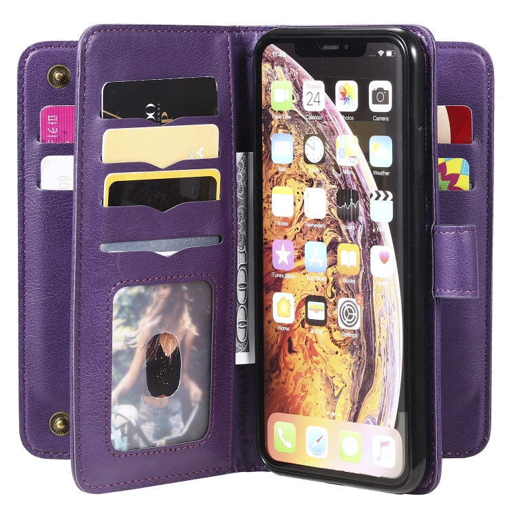 For iPhone XS Max Multifunctional Magnetic Copper Buckle Horizontal Flip Solid Color Leather Case with 10 Card Slots & Wallet & Holder & Photo Frame