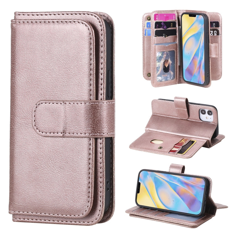 For iPhone 12 mini Multifunctional Magnetic Copper Buckle Horizontal Flip Solid Color Leather Case with 10 Card Slots & Wallet & Holder & Photo Frame
