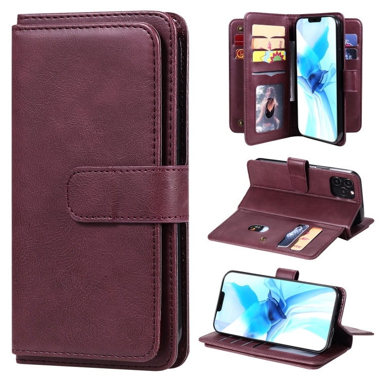 For iPhone 12 / 12 Pro Multifunctional Magnetic Copper Buckle Horizontal Flip Solid Color Leather Case with 10 Card Slots & Wallet & Holder & Photo Frame
