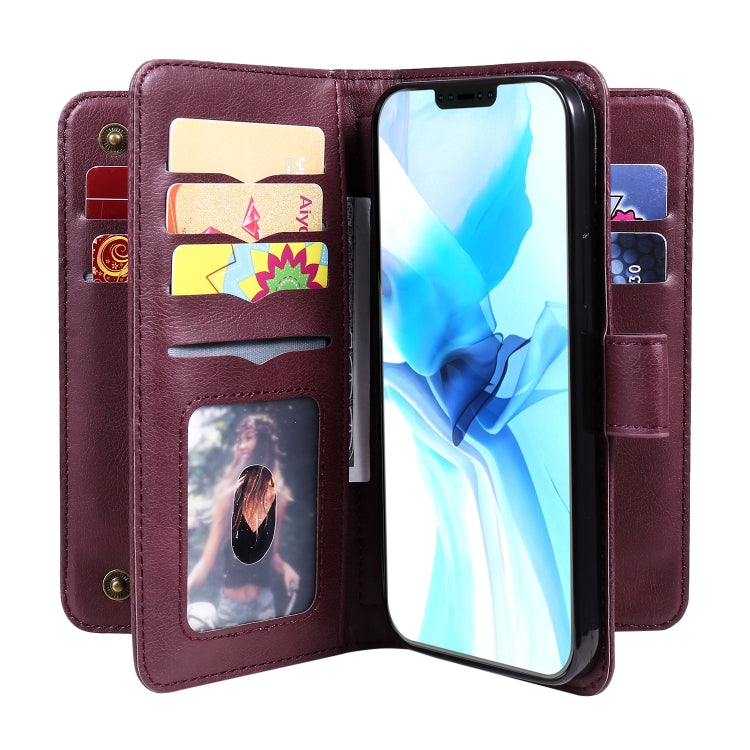 For iPhone 12 / 12 Pro Multifunctional Magnetic Copper Buckle Horizontal Flip Solid Color Leather Case with 10 Card Slots & Wallet & Holder & Photo Frame