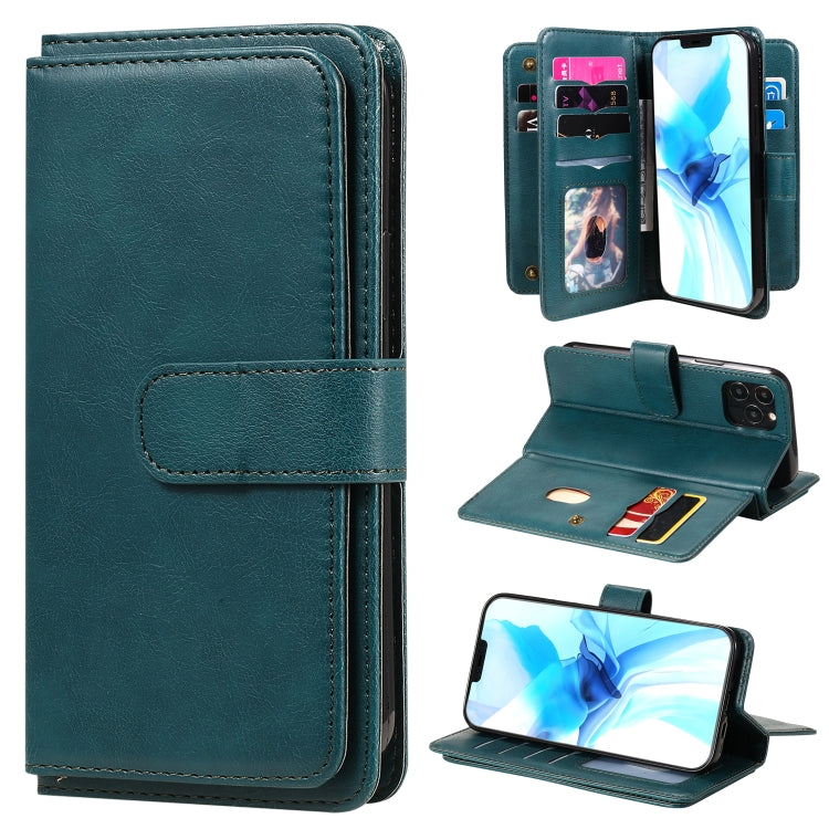 For iPhone 12 / 12 Pro Multifunctional Magnetic Copper Buckle Horizontal Flip Solid Color Leather Case with 10 Card Slots & Wallet & Holder & Photo Frame