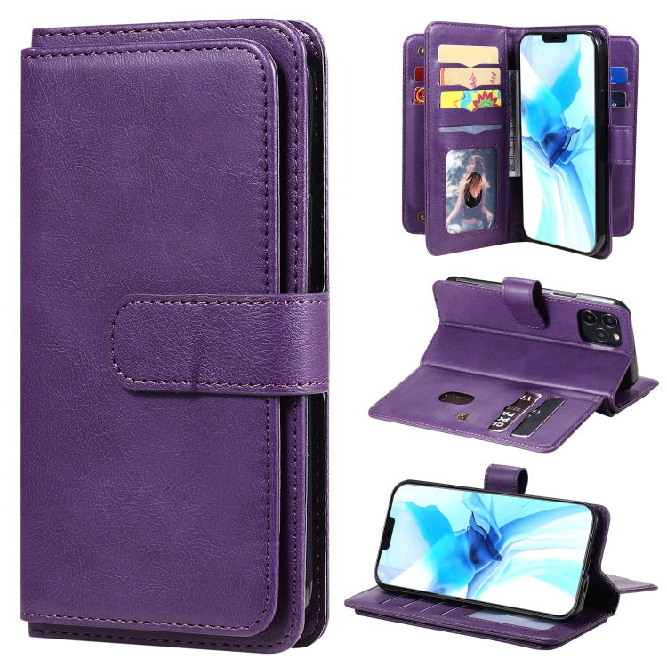 For iPhone 12 / 12 Pro Multifunctional Magnetic Copper Buckle Horizontal Flip Solid Color Leather Case with 10 Card Slots & Wallet & Holder & Photo Frame