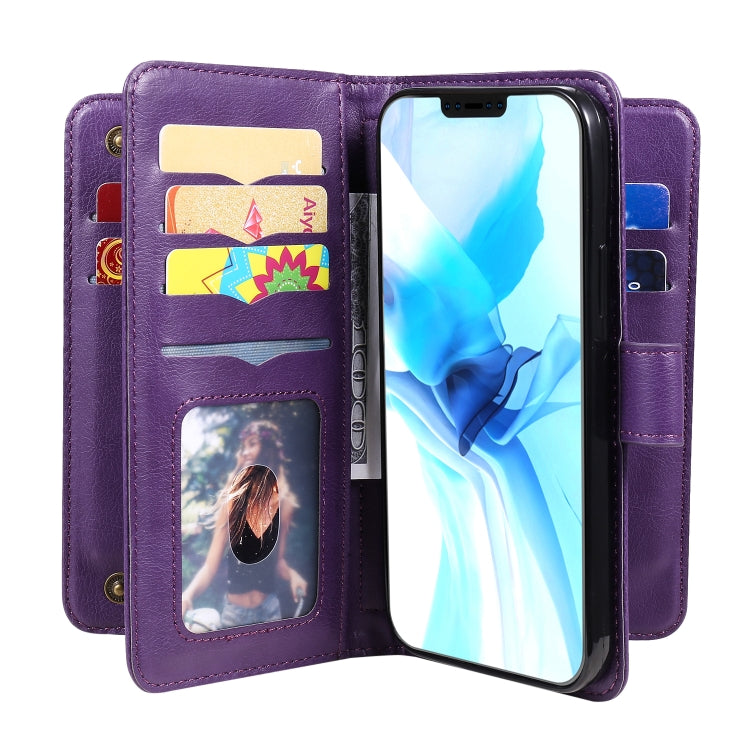 For iPhone 12 / 12 Pro Multifunctional Magnetic Copper Buckle Horizontal Flip Solid Color Leather Case with 10 Card Slots & Wallet & Holder & Photo Frame