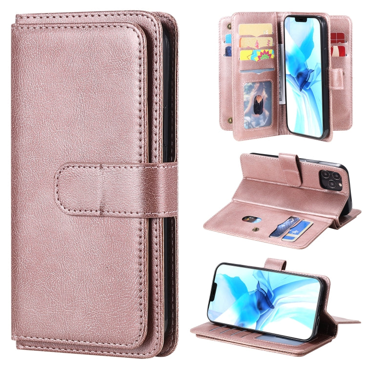 For iPhone 12 / 12 Pro Multifunctional Magnetic Copper Buckle Horizontal Flip Solid Color Leather Case with 10 Card Slots & Wallet & Holder & Photo Frame