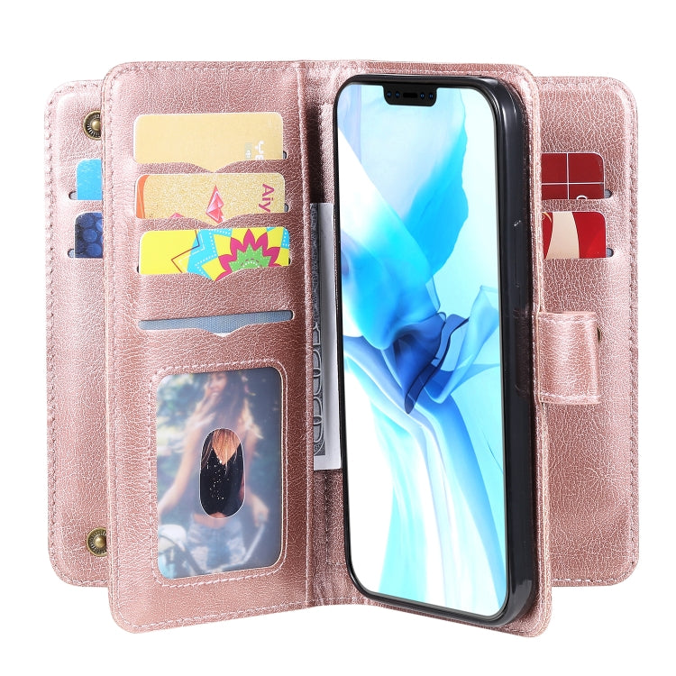 For iPhone 12 / 12 Pro Multifunctional Magnetic Copper Buckle Horizontal Flip Solid Color Leather Case with 10 Card Slots & Wallet & Holder & Photo Frame