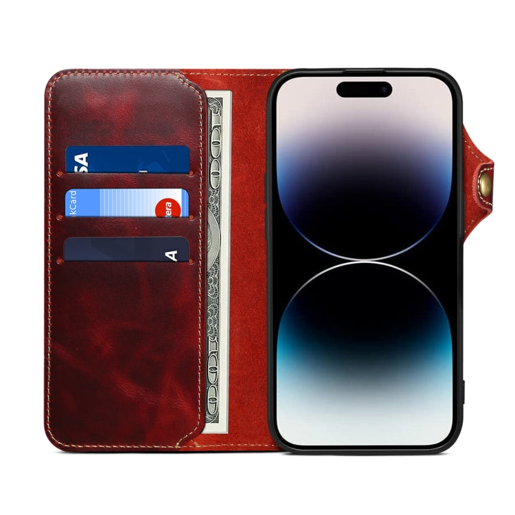 For iPhone 16 Plus Denior B01 Oil Wax Cowhide Magnetic Button Genuine Leather Case