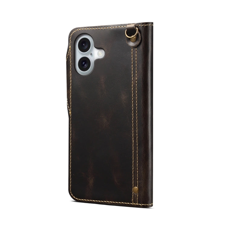 For iPhone 16 Plus Denior B01 Oil Wax Cowhide Magnetic Button Genuine Leather Case