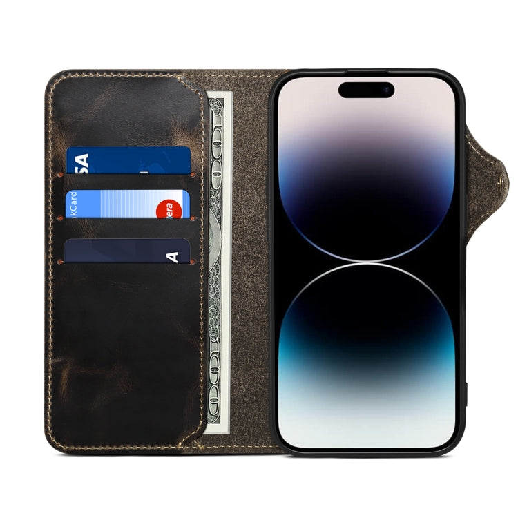 For iPhone 16 Plus Denior B01 Oil Wax Cowhide Magnetic Button Genuine Leather Case