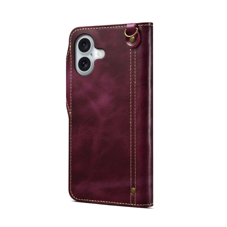 For iPhone 16 Plus Denior B01 Oil Wax Cowhide Magnetic Button Genuine Leather Case