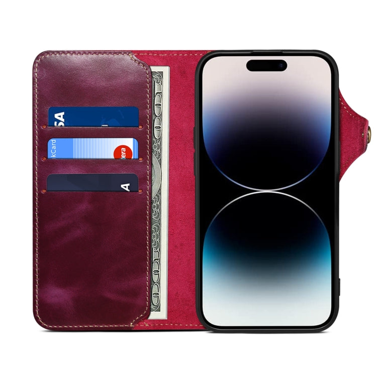 For iPhone 16 Plus Denior B01 Oil Wax Cowhide Magnetic Button Genuine Leather Case