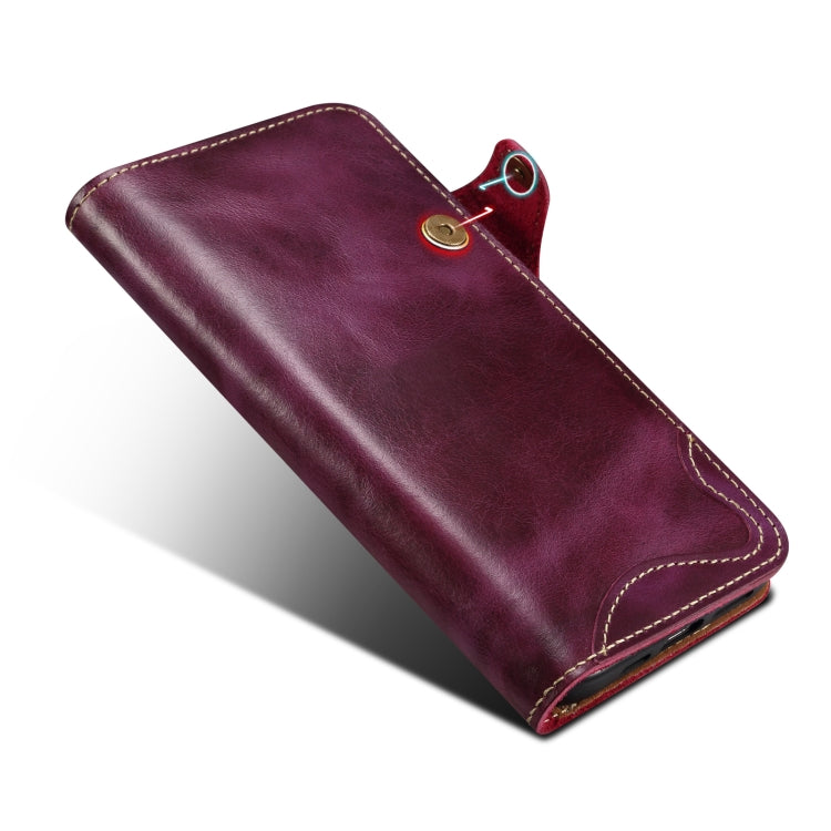 For iPhone 16 Plus Denior B01 Oil Wax Cowhide Magnetic Button Genuine Leather Case