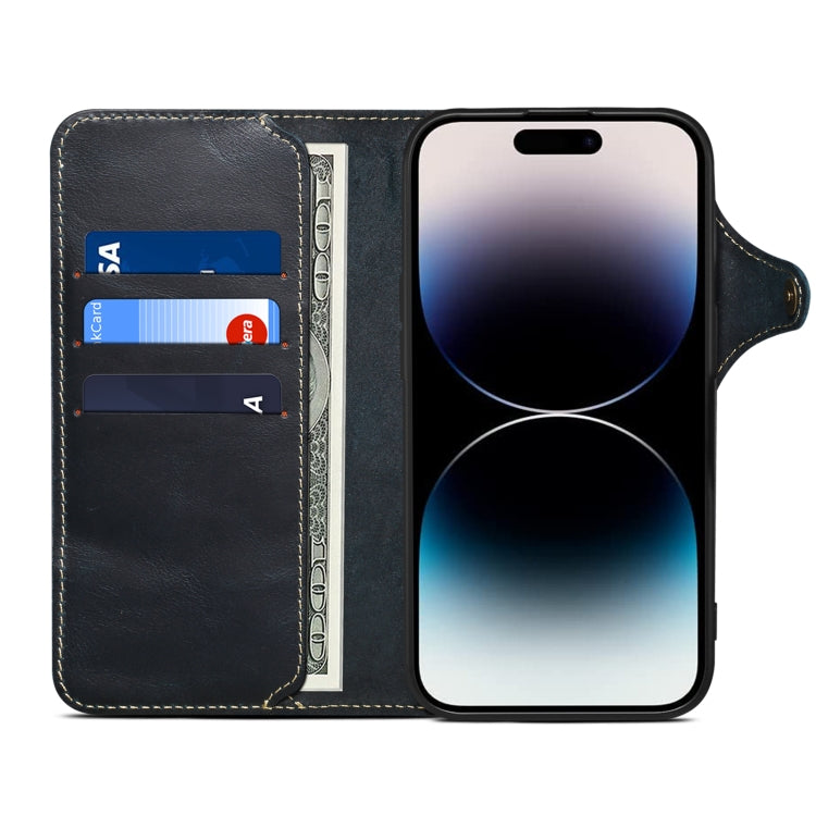 For iPhone 16 Plus Denior B01 Oil Wax Cowhide Magnetic Button Genuine Leather Case