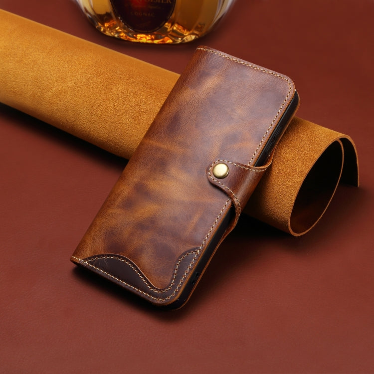 For iPhone 16 Plus Denior B01 Oil Wax Cowhide Magnetic Button Genuine Leather Case