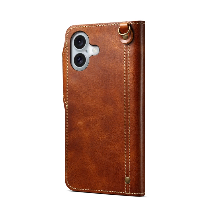 For iPhone 16 Plus Denior B01 Oil Wax Cowhide Magnetic Button Genuine Leather Case