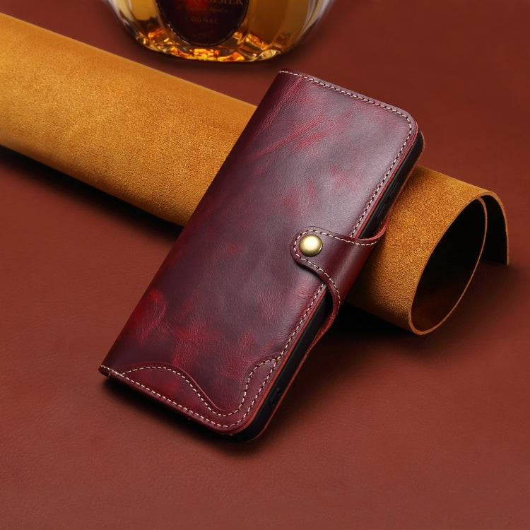 For iPhone 16 Pro Max Denior B01 Oil Wax Cowhide Magnetic Button Genuine Leather Case