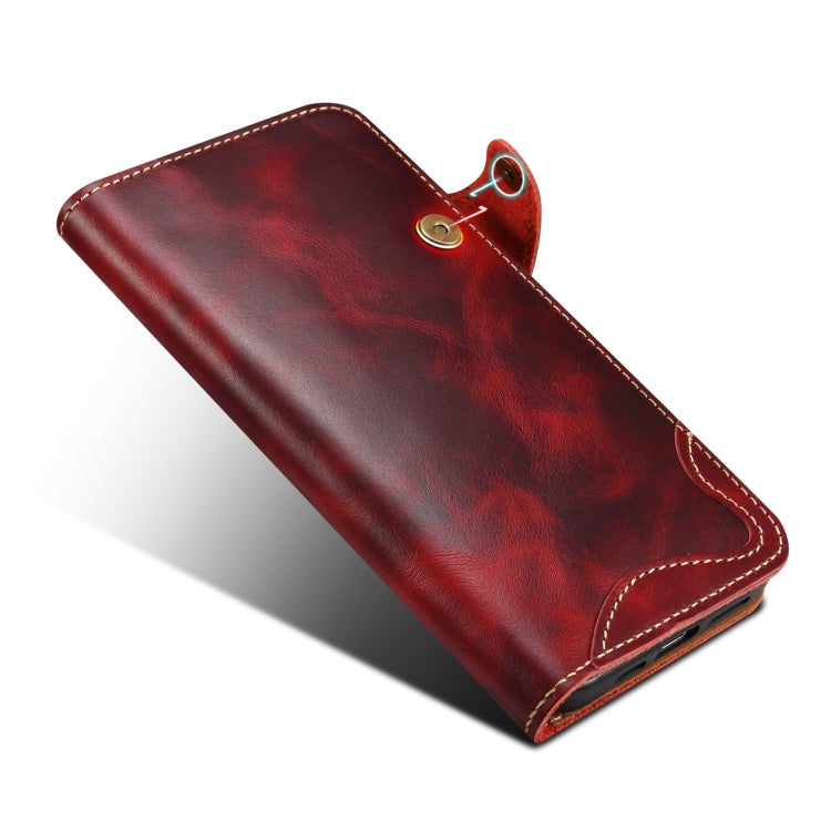For iPhone 16 Pro Max Denior B01 Oil Wax Cowhide Magnetic Button Genuine Leather Case