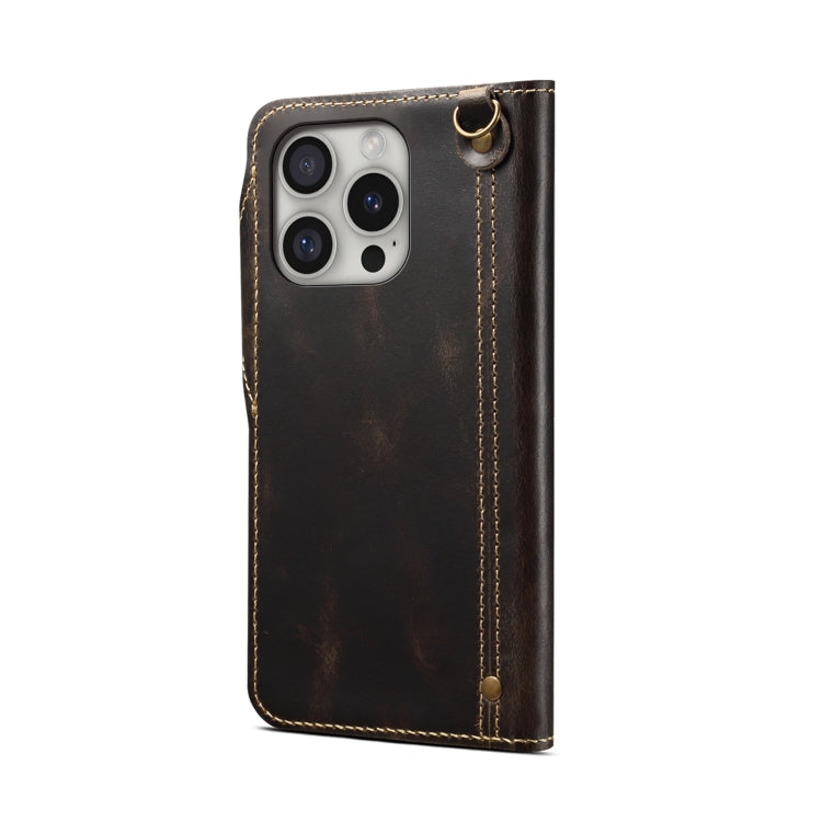 For iPhone 16 Pro Max Denior B01 Oil Wax Cowhide Magnetic Button Genuine Leather Case